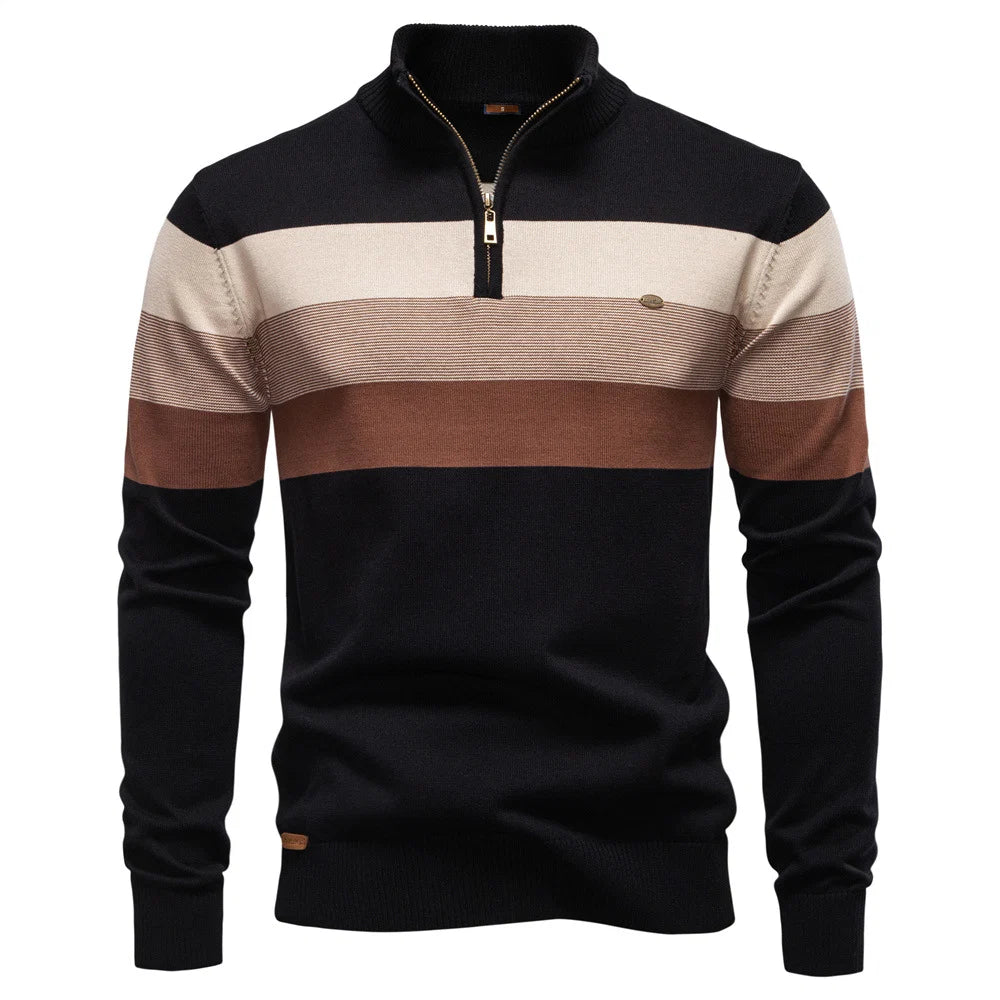 Black Lukas™ Elegant Pullover by THE WHITMORE FAMILY, featuring a sleek design with blue accents, shown on a model.
