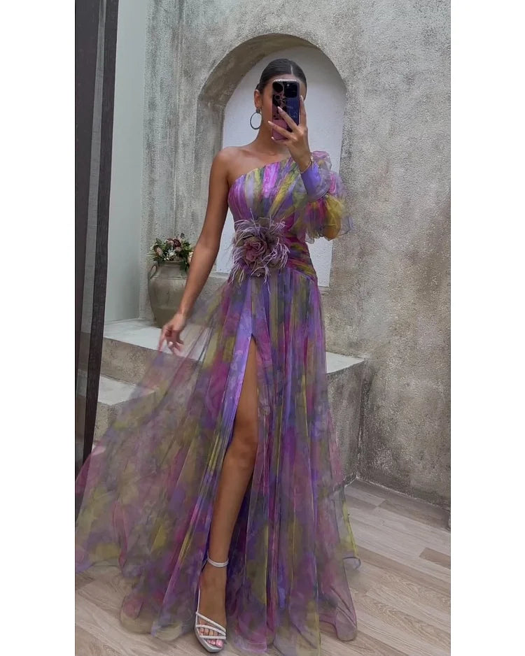 Helen colorful floral dress by THE WHITMORE FAMILY, elegant purple Bloemenjurk with vibrant flower patterns.