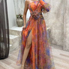 Helen colorful floral dress by THE WHITMORE FAMILY, elegant purple bloemenjurk with vibrant flower patterns.