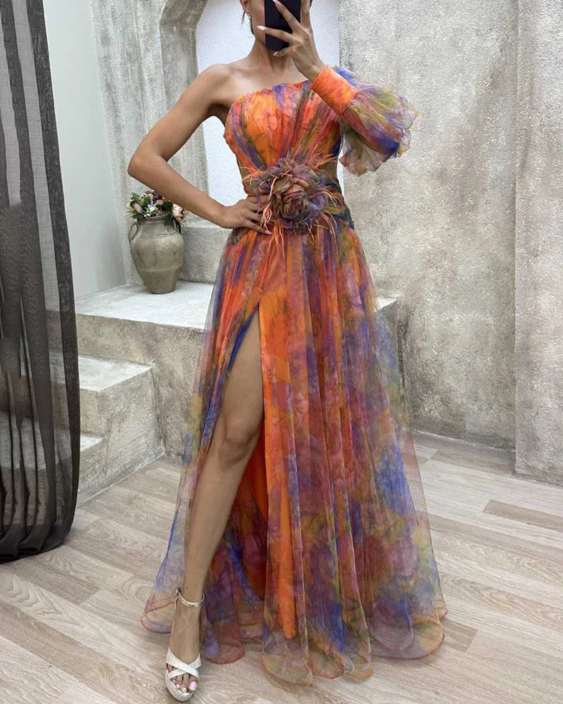 Helen colorful floral dress by THE WHITMORE FAMILY, purple bloemenjurk with elegant, vibrant floral patterns.