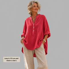 Watermelon pink Veronique™ cotton-linen V-neck blouse by THE WHITMORE FAMILY, featuring a stylish and elegant design.