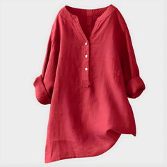 Watermelon pink Veronique™ cotton-linen V-neck blouse by THE WHITMORE FAMILY, stylish and elegant for casual or dressy wear.