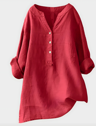 Watermelon pink Veronique™ cotton-linen V-neck blouse by THE WHITMORE FAMILY, stylish and elegant for casual or dressy wear.