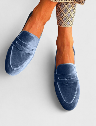 Blue Olivrah comfortable loafers by THE WHITMORE FAMILY, showcasing soft leather uppers and slip-on design.