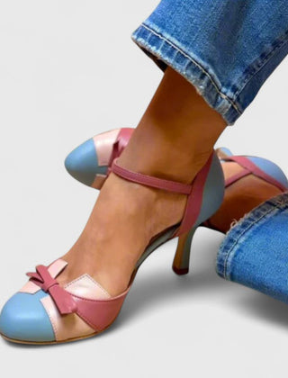 Blue Quinnae comfortable heels by THE WHITMORE FAMILY with a sleek design and open toe, perfect for stylish everyday wear.