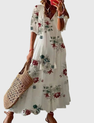 Blue boho vintage maxi dress by THE WHITMORE FAMILY, featuring a flowy summer design with intricate patterns and lightweight fabric.
