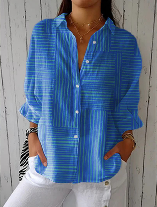 Ashley™ Azure Stripe Blouse by THE WHITMORE FAMILY, featuring a lightweight fabric with blue and white stripe pattern.