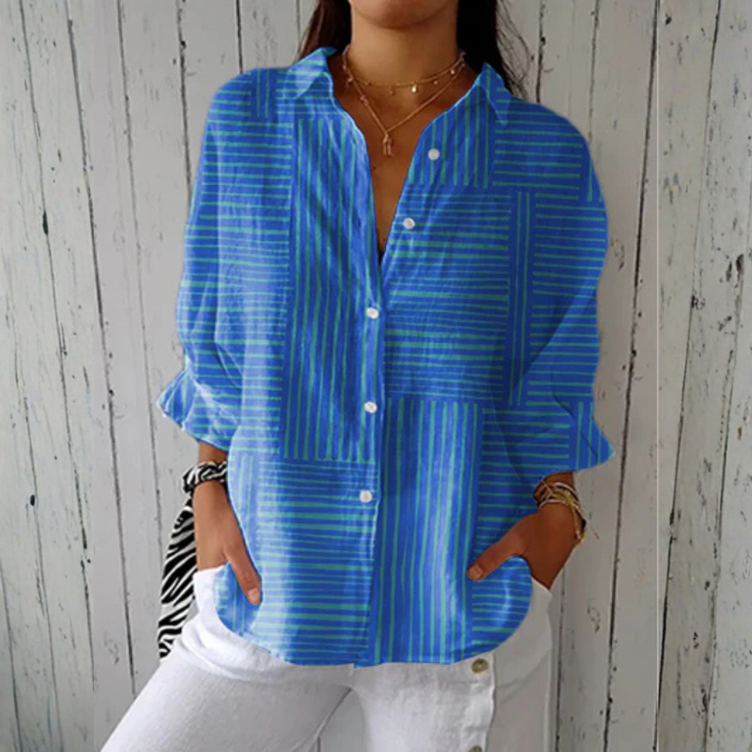 Ashley™ Azure Stripe Blouse by THE WHITMORE FAMILY, featuring a lightweight fabric with blue and white stripe pattern.