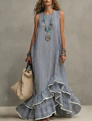 Blue Grace retro ruffled casual maxi dress by THE WHITMORE FAMILY, featuring a flowing silhouette and vintage-inspired design.