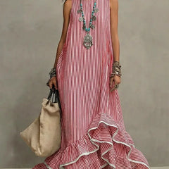 Blue Grace retro ruffled casual maxi dress by THE WHITMORE FAMILY, featuring a flowing design and vintage-inspired ruffle details.