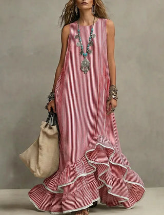Blue Grace retro ruffled casual maxi dress by THE WHITMORE FAMILY, featuring a flowing design and vintage-inspired ruffle details.