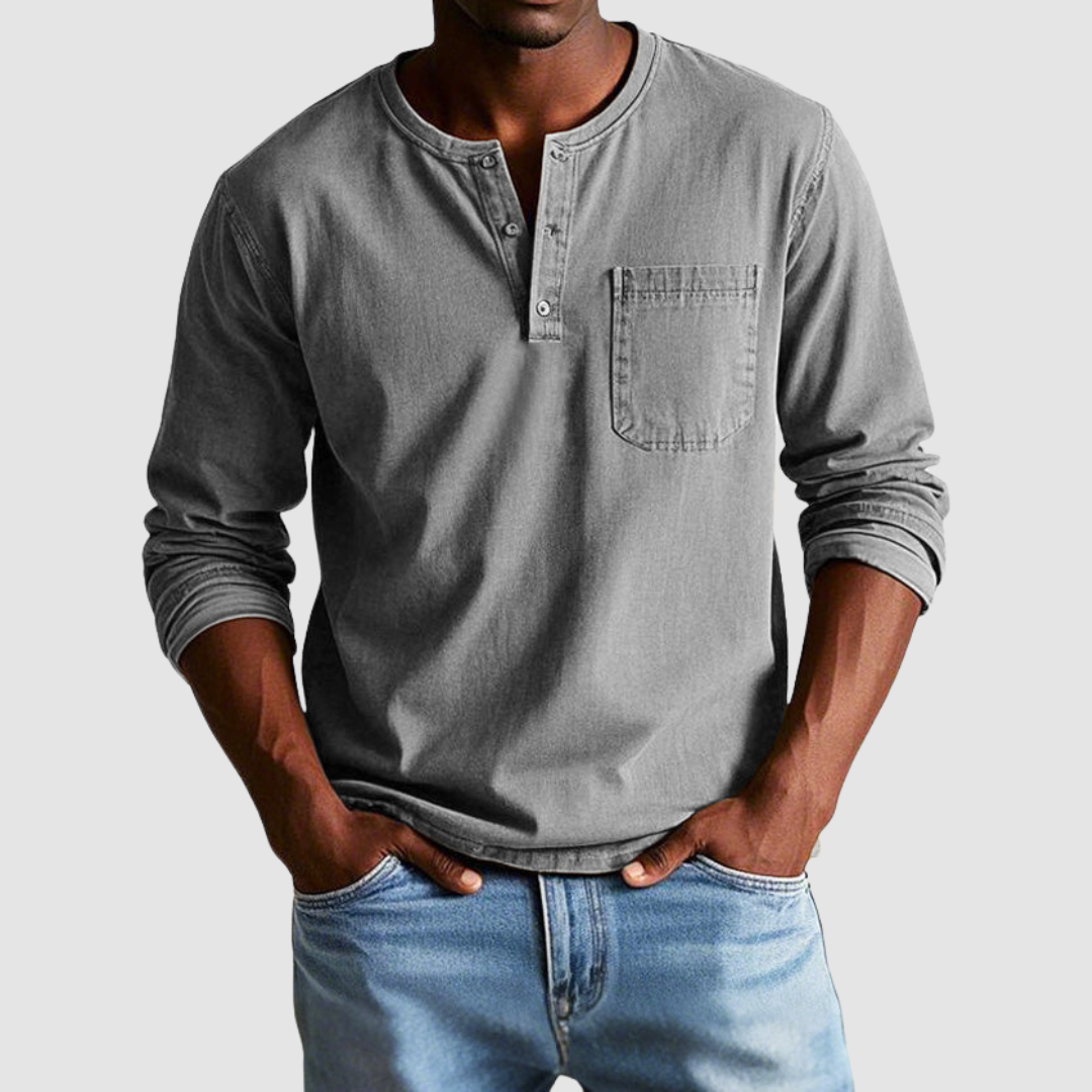 Blue Harrison™ Vintage Henley Shirt from THE WHITMORE FAMILY with a classic collar and buttoned placket, casual and comfortable style.