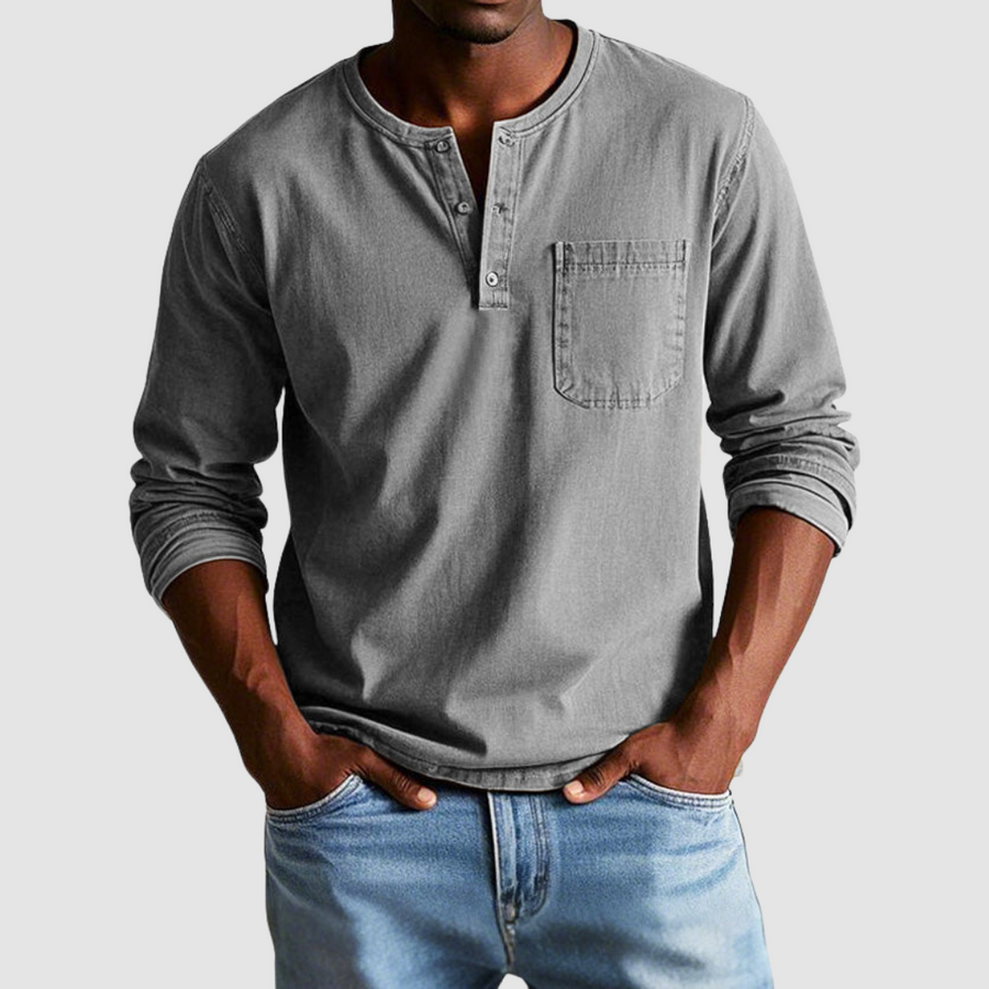 Blue Harrison™ Vintage Henley Shirt from THE WHITMORE FAMILY with a classic collar and buttoned placket, casual and comfortable style.
