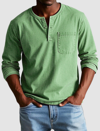 Blue Harrison™ Vintage Henley Shirt by THE WHITMORE FAMILY, featuring a classic henley collar and casual fit.