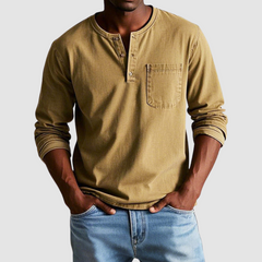 Blue Harrison™ Vintage Henley Shirt by THE WHITMORE FAMILY, featuring a classic button-up neckline and soft fabric.