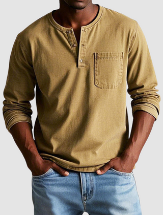 Blue Harrison™ Vintage Henley Shirt by THE WHITMORE FAMILY, featuring a classic button-up neckline and soft fabric.