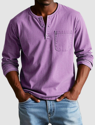 Blue Harrison™ Vintage Henley Shirt by THE WHITMORE FAMILY, featuring a classic collar, button placket, and soft cotton fabric.