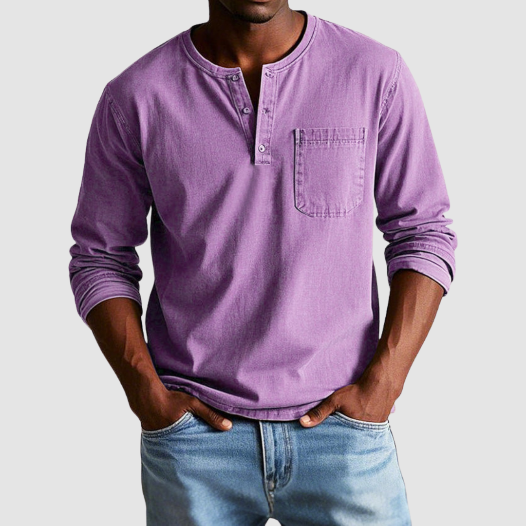 Blue Harrison™ Vintage Henley Shirt by THE WHITMORE FAMILY, featuring a classic collar, button placket, and soft cotton fabric.