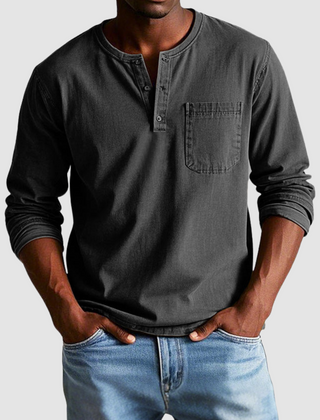 Blue Harrison™ Vintage Henley Shirt by THE WHITMORE FAMILY, featuring a classic collar, button placket, and soft cotton fabric.