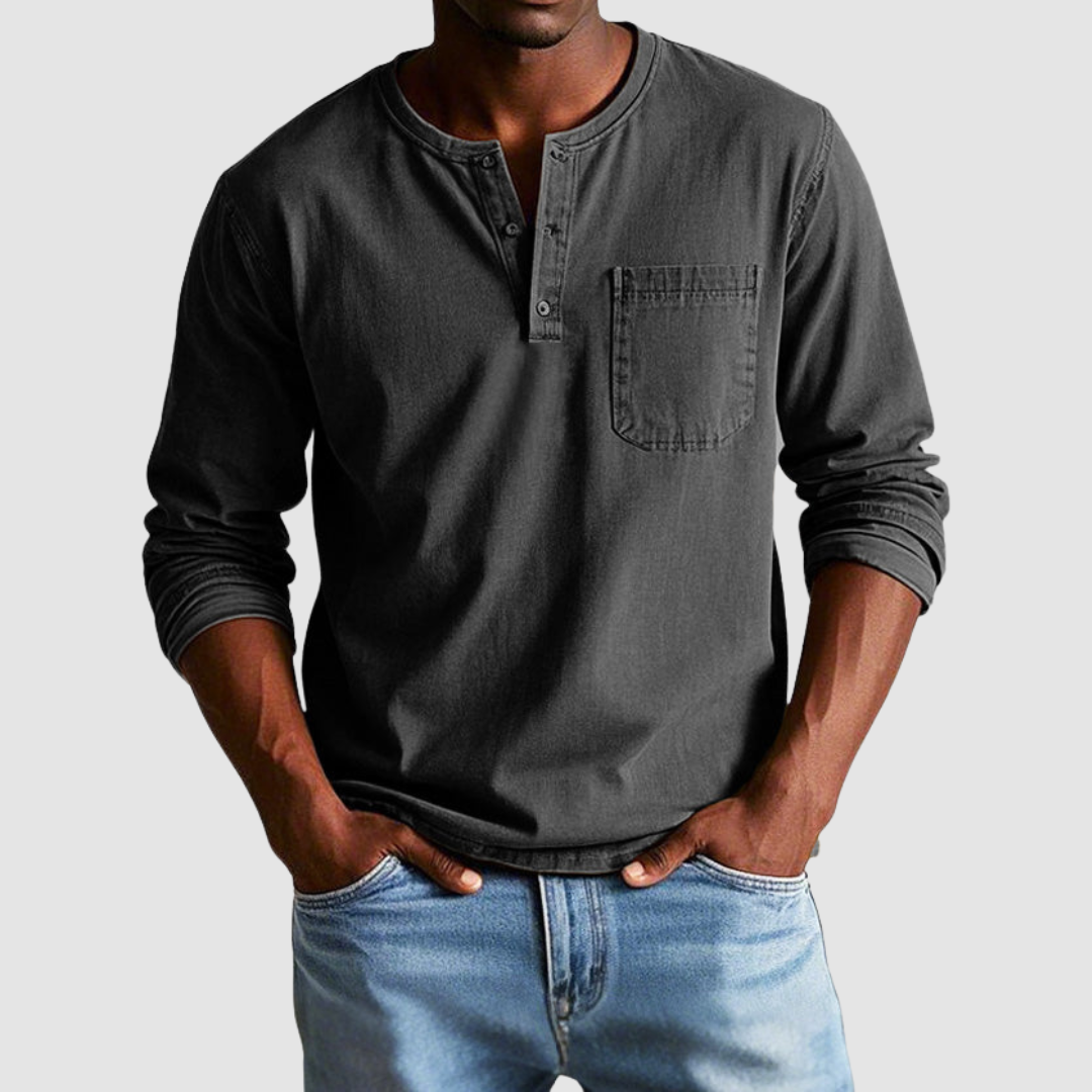 Blue Harrison™ Vintage Henley Shirt by THE WHITMORE FAMILY, featuring a classic collar, button placket, and soft cotton fabric.