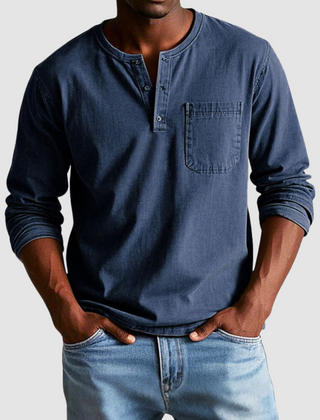 Blue Harrison™ Vintage Henley Shirt by THE WHITMORE FAMILY, featuring a classic Henley neckline and casual fit.
