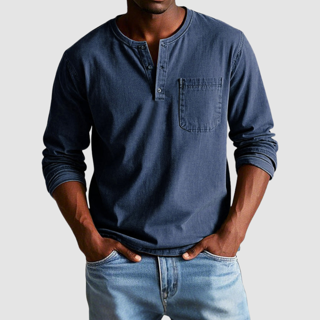 Blue Harrison™ Vintage Henley Shirt by THE WHITMORE FAMILY, featuring a classic Henley neckline and casual fit.