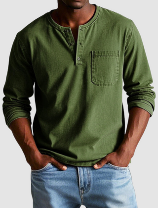 Blue Harrison™ Vintage Henley Shirt by THE WHITMORE FAMILY, featuring a casual, classic button-up neckline and soft fabric.