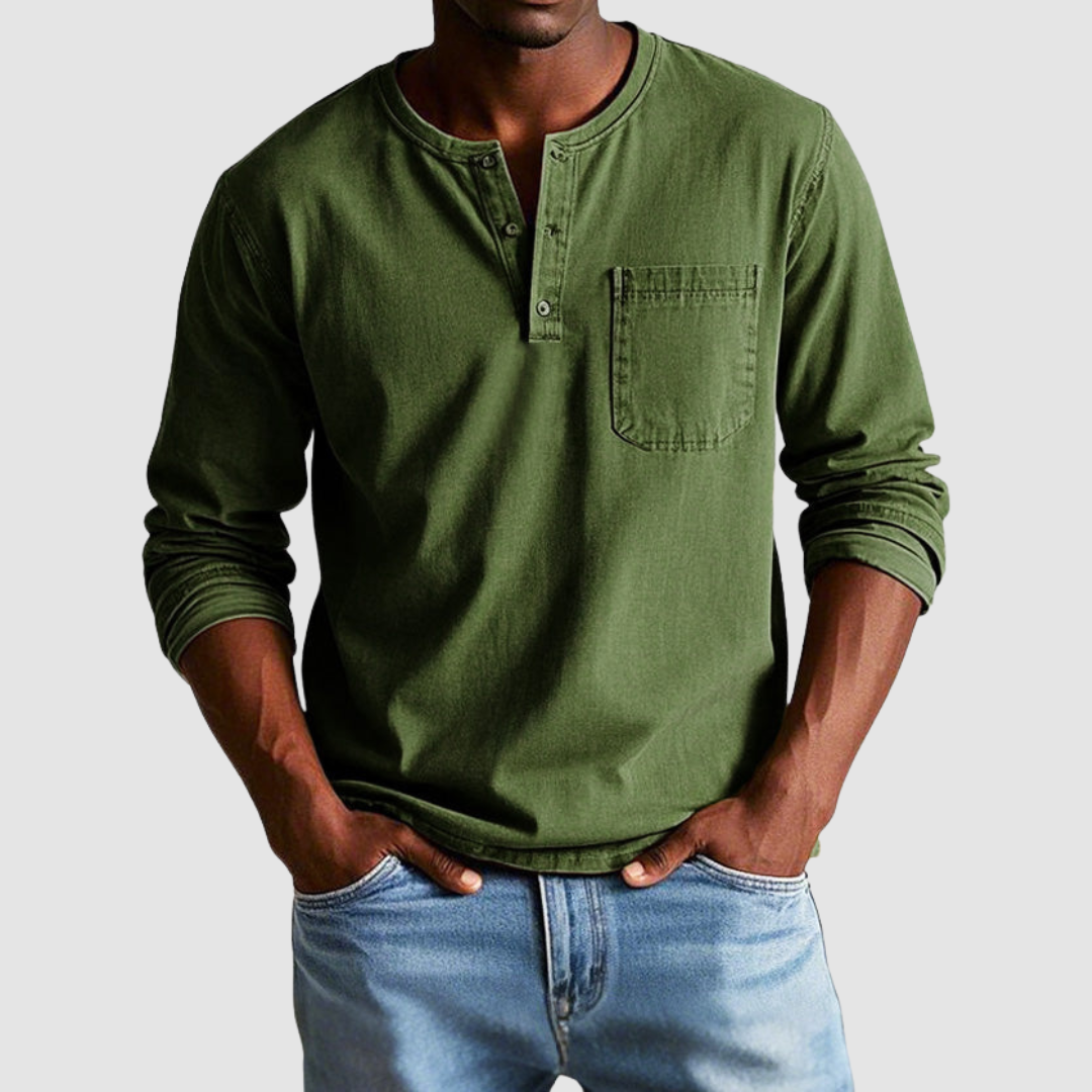 Blue Harrison™ Vintage Henley Shirt by THE WHITMORE FAMILY, featuring a casual, classic button-up neckline and soft fabric.