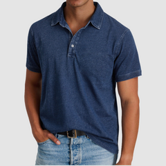 Blue Luther™ Classic Collared Polo shirt by THE WHITMORE FAMILY, displayed on a model with a structured collar and short sleeves.