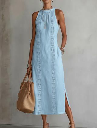 Nancy sleeveless lace detail midi dress by THE WHITMORE FAMILY, in blue, featuring elegant lace accents and a fitted silhouette.