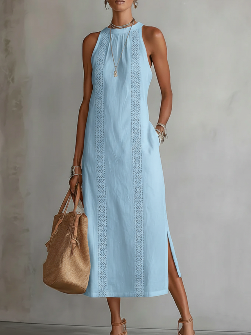 Nancy sleeveless lace detail midi dress by THE WHITMORE FAMILY, in blue, featuring elegant lace accents and a fitted silhouette.
