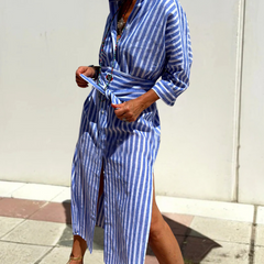 Blue Noa relaxed striped shirt midi dress from THE WHITMORE FAMILY, featuring a casual fit and midi length.