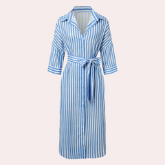 Noa relaxed striped shirt midi dress by THE WHITMORE FAMILY, featuring blue and white vertical stripes and a casual fit.