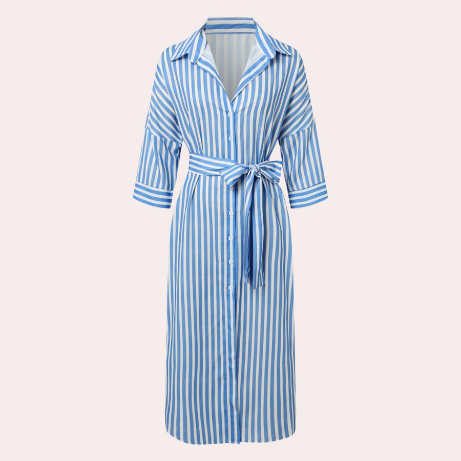 Noa relaxed striped shirt midi dress by THE WHITMORE FAMILY, featuring blue and white vertical stripes and a casual fit.