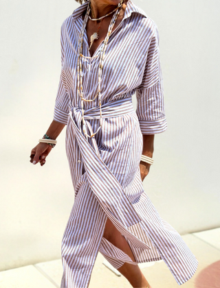 Blue Noa relaxed striped shirt midi dress by THE WHITMORE FAMILY, featuring a casual fit and button-down design.
