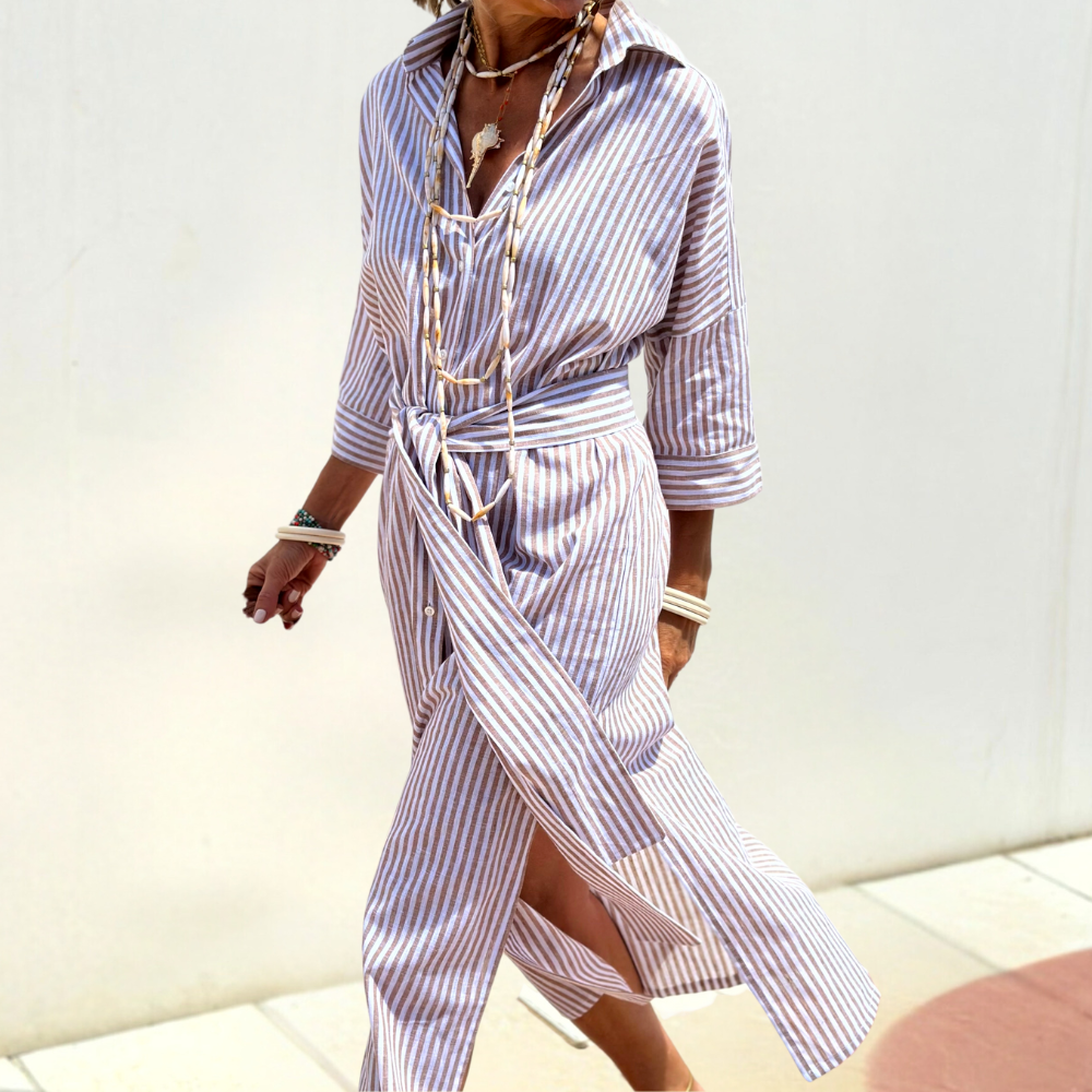 Blue Noa relaxed striped shirt midi dress by THE WHITMORE FAMILY, featuring a casual fit and button-down design.
