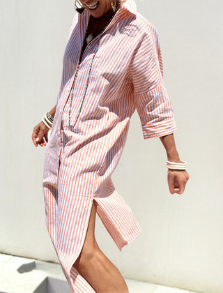 Blue Noa relaxed striped shirt midi dress by THE WHITMORE FAMILY, featuring a casual fit and button-down front.