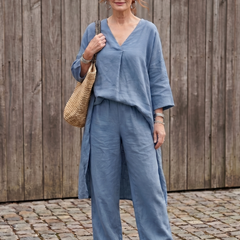 Blue Onyx loose tunic top and wide-leg pant set by THE WHITMORE FAMILY, casual stylish women's outfit.
