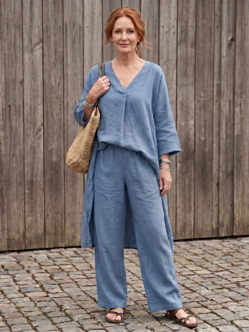 Blue Onyx loose tunic top and wide-leg pant set by THE WHITMORE FAMILY, casual stylish women's outfit.