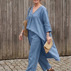 Onyx loose tunic top and wide-leg pant set by THE WHITMORE FAMILY, in blue, displayed on a model.