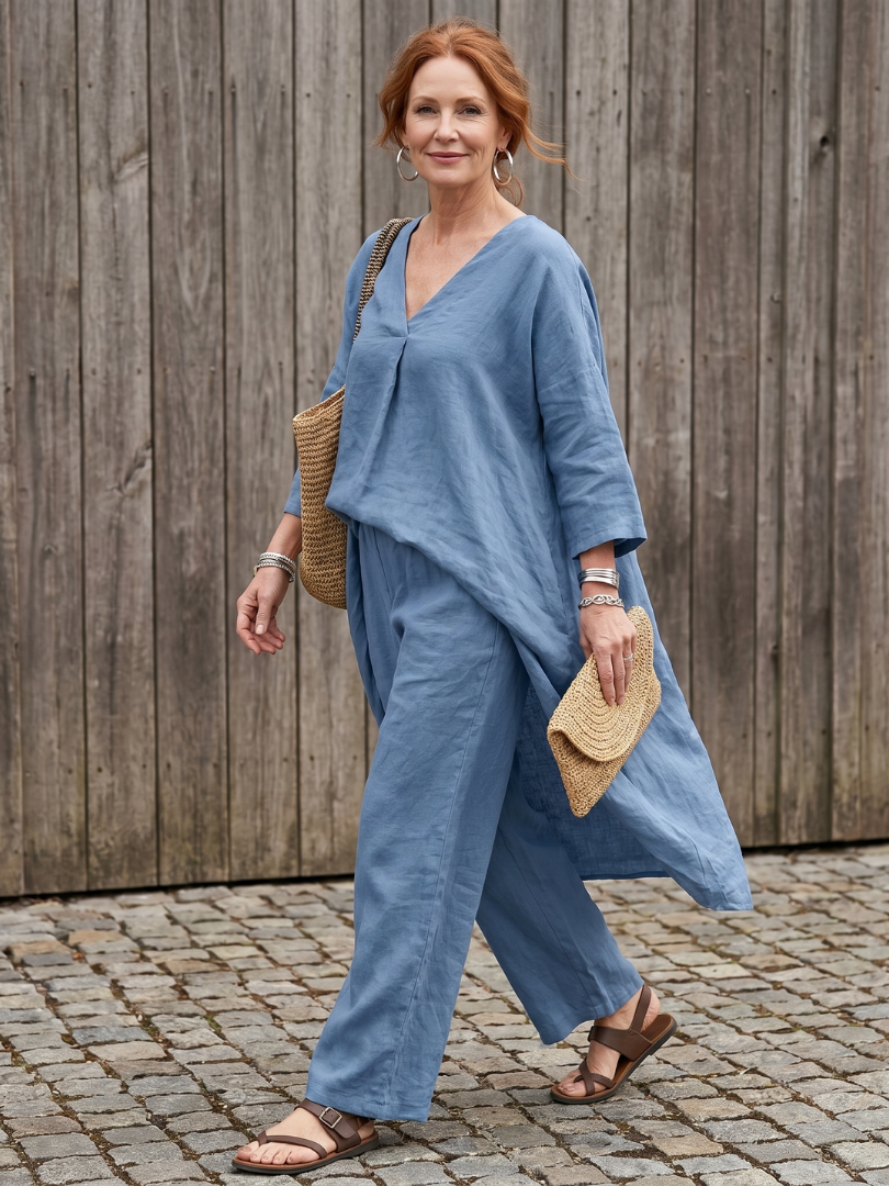 Onyx loose tunic top and wide-leg pant set by THE WHITMORE FAMILY, in blue, displayed on a model.