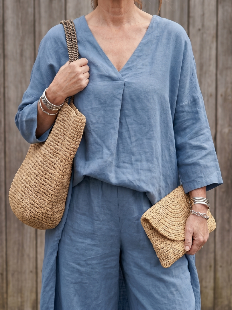 Blue Onyx loose tunic top and wide-leg pant set by THE WHITMORE FAMILY, casual stylish outfit for comfortable everyday wear.