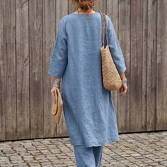 Blue loose tunic top and wide-leg pant set by THE WHITMORE FAMILY, casual stylish clothing for women.