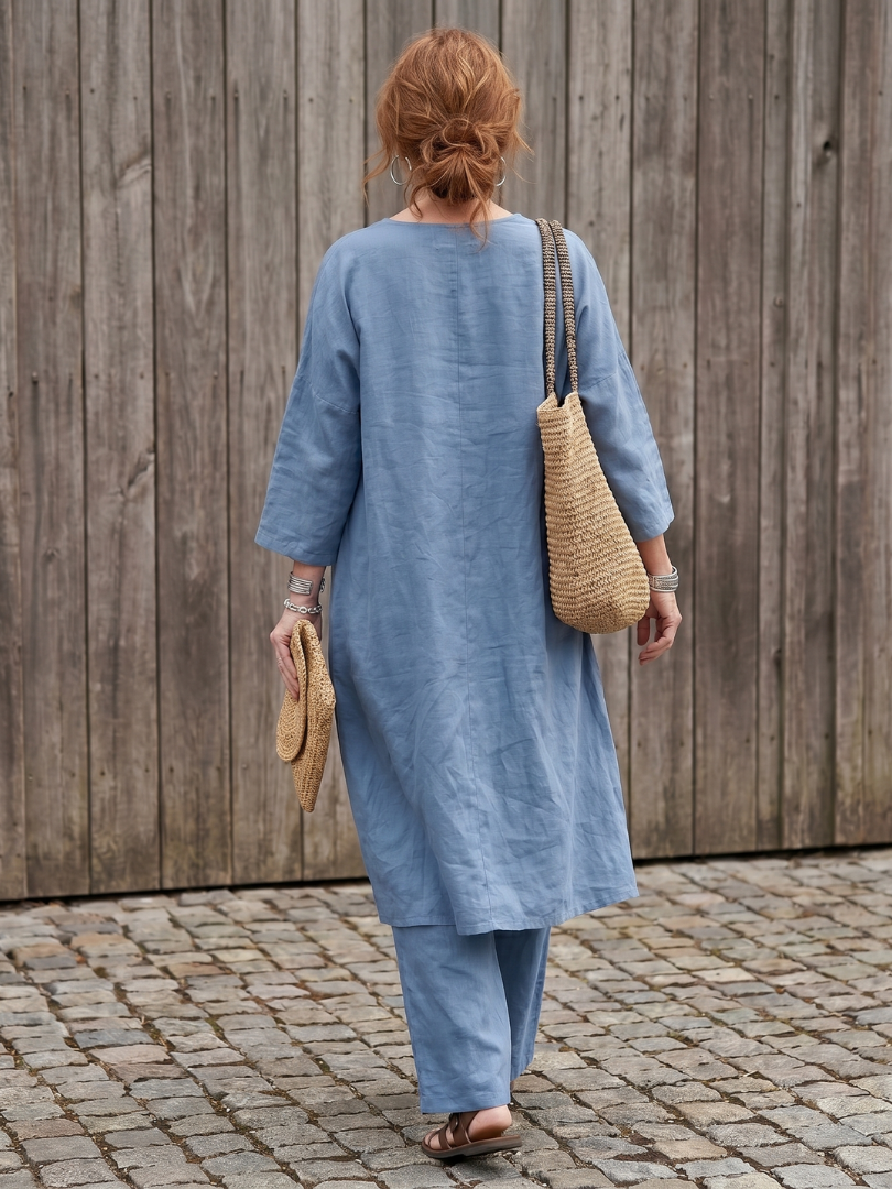 Blue loose tunic top and wide-leg pant set by THE WHITMORE FAMILY, casual stylish clothing for women.