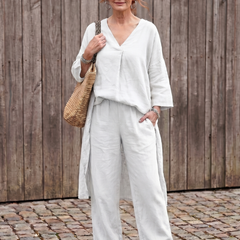 Onyx loose tunic top and wide-leg pant set by THE WHITMORE FAMILY, in blue, styled for a relaxed, elegant look.