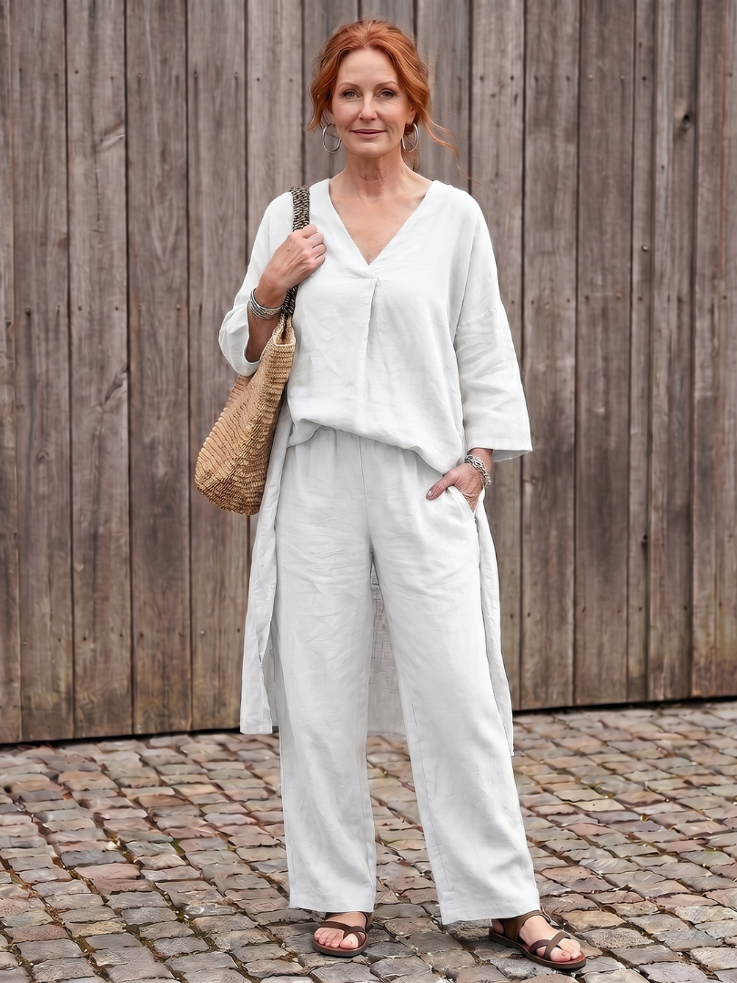 Onyx loose tunic top and wide-leg pant set by THE WHITMORE FAMILY, in blue, styled for a relaxed, elegant look.