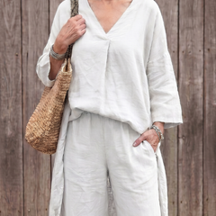 Onyx loose tunic top and wide-leg pant set by THE WHITMORE FAMILY, in deep blue, styled for a comfortable, casual look.