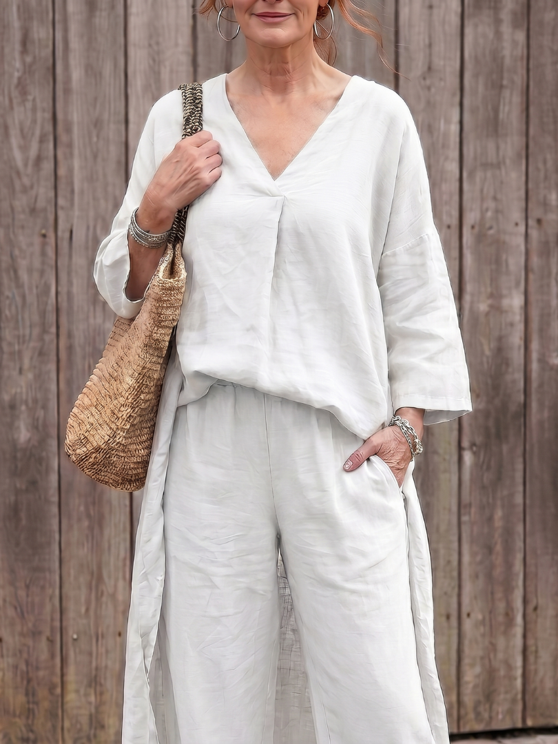 Onyx loose tunic top and wide-leg pant set by THE WHITMORE FAMILY, in deep blue, styled for a comfortable, casual look.