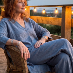 Blue Onyx loose tunic top and wide-leg pant set by THE WHITMORE FAMILY, casual chic outfit with relaxed fit and flowing fabric.