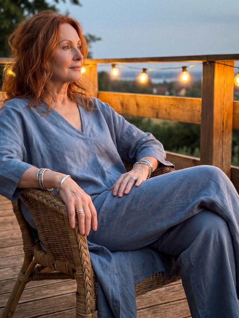 Blue Onyx loose tunic top and wide-leg pant set by THE WHITMORE FAMILY, casual chic outfit with relaxed fit and flowing fabric.